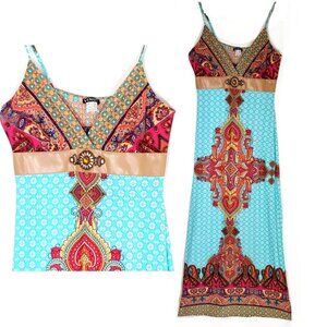 Y2K Babydoll Style Bohemian Maxi Dress Colorful Leather Crystal Accent M VENUS